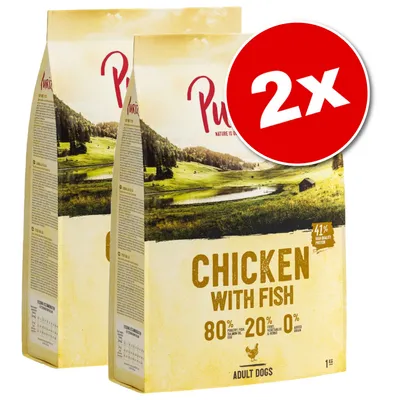 Lot de 2 sacs Purizon Chicken with Fish pour chiens adultes, 80 % volaille/poisson, 20 % fruits/légumes/herbes, 0 % céréales, 41 % protéines, sac de 1 kg visible. Lot de 2 sacs Purizon Chicken with Fish pour chiens adultes, 80 % volaille/poisson, 20 % fruits/légumes/herbes, 0 % céréales, 41 % protéines, sac de 1 kg visible.