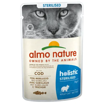 Almo Nature Holistic Sterilised wet food for cats with cod, 70g. Product not tested on animals.