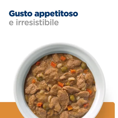 Testo: Gusto appetitoso e irresistibile. Ciotola bianca con bocconcini di cibo umido, visibili pezzi di carne, carote e piselli.