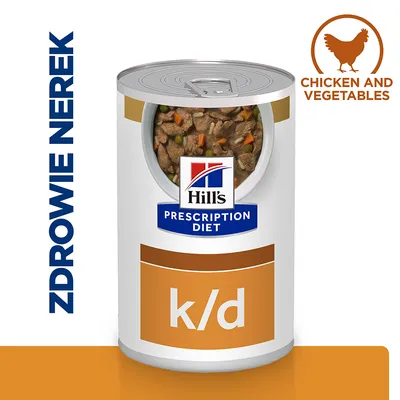 Hill's Prescription Diet k/d, widoczna puszka z kawałkami mięsa i warzyw. Tekst: ZDROWIE NEREK, CHICKEN AND VEGETABLES.