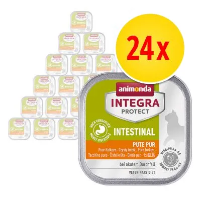 24-pack Animonda Integra Protect Intestinal Pute Pur. Text på förpackning: Pure Turkey, bei akutem Durchfall, Veterinary Diet, RICH VERDAULICH, INTESTINAL.