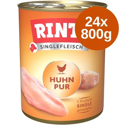Rinti Singlefleisch Huhn Pur konzerv, 24×800g. Feliratok: SINGLEFLEISCH, HUHN PUR, 1 Protein SINGLE getreidefrei.