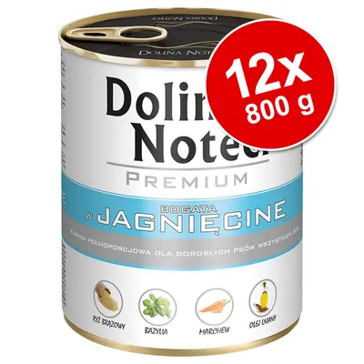 Conservă Dolina Noteci Premium, bogată în JAGNIECINĘ, 12x800 g. Vizibile: orez brăzdat, busuioc, morcov, ulei de in. Text în poloneză pe ambalaj.