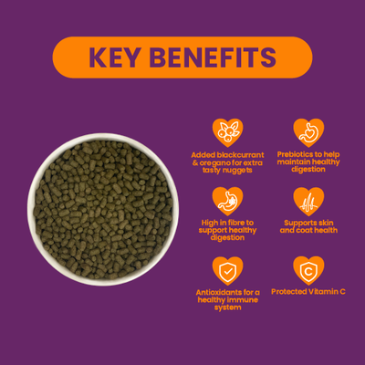 Added blackcurrant & oregano, Prebiotics for digestion, High in fibre, Supports skin and coat health, Antioxidants for immune system, Protected vitamin C.
