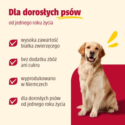 Dla dorosłych psów od jednego roku: wysoka zawartość białka zwierzęcego, bez zboża i cukru, wyprodukowane w Niemczech.