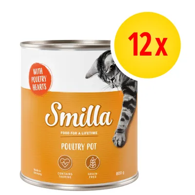 Smilla Poultry Pot, 800 g, zestaw 12 x. Z widocznym napisem: with poultry hearts, contains taurine, grain-free. Na etykiecie kot i logo Smilla.