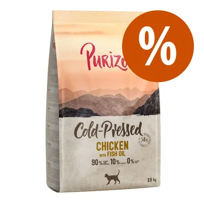 Purizon Cold-Pressed Chicken with Fish Oil, 2,5 kg. 90% Protein tierischen Ursprungs, 10% Gemüse, 0% Getreide. Orangefarbener Rabatt-Hinweis mit Prozentzeichen.