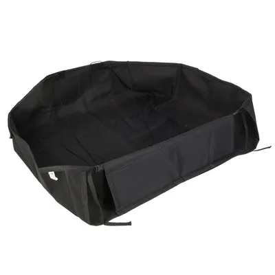 Schwarze Transportbox aus strapazierfähigem Material mit Netzgewebe und verstellbaren Gurten, geeignet für sicheren Transport.