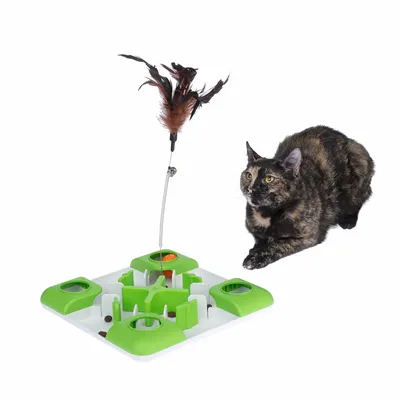 Giocattolo per gatti con design verde e bianco, piume su supporto e vari scomparti per snack. Gatto osserva il gioco.