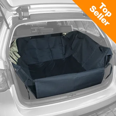 Fekete autó csomagtartó védő huzat, szövet anyagból, felszerelve egy kombi autó csomagtartójában. Sarokban narancssárga mező: Top Seller felirat.