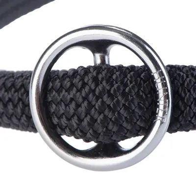 Nærbillede af sort flettet hundehalsbånd med sølvfarvet metalring, præget med teksten 'Hunter'.