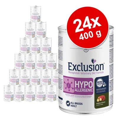Exclusion Hypoallergenic Monoprotein Veterinary Diet Formula, häst och potatis, 24x400g burkar för alla hundraser. Stödjer vid foderintolerans.