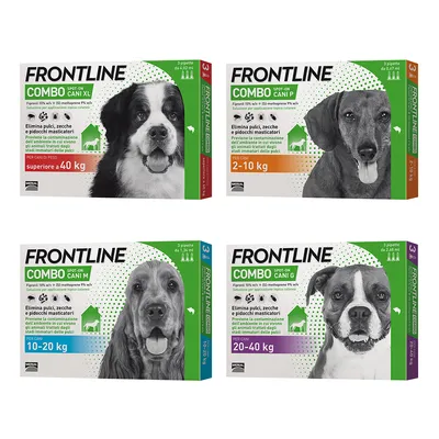 Frontline Combo Spot-On per cani: XL superiore a 40 kg, L 20–40 kg, M 10–20 kg, P 2–10 kg. Elimina pulci, zecche e pidocchi masticatori. Confezioni da 3 pipette.