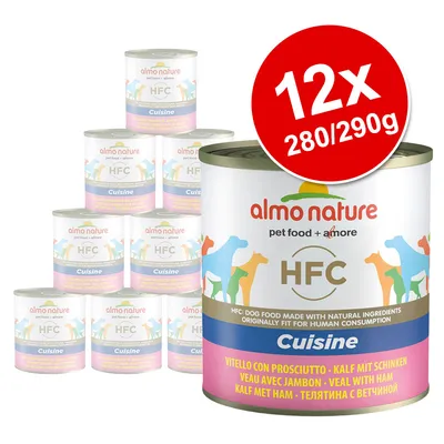 Lot de 12 boîtes Almo Nature HFC Cuisine veau avec jambon, 280/290 g chacune. Texte visible : 'pet food + amore', 'HFC', 'Cuisine', 'veal with ham', 'veau avec jambon'.