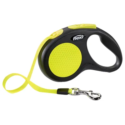 Guinzaglio avvolgibile Flexi Classic con manico nero, dettagli e fettuccia gialli, moschettone in metallo visibile, lunghezza indicata 5 m sul prodotto.