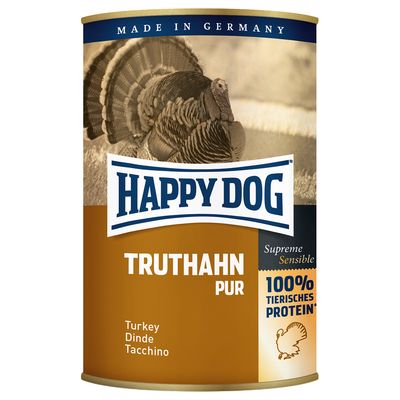 Lata de comida para perros Happy Dog Truthahn Pur. Texto visible: Made in Germany, Supreme Sensible, 100 % tierisches Protein, Turkey Dinde Tacchino.
