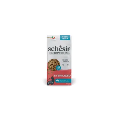 Schesir Animal Monoprotein Formula Sterilized, forbedret opskrift, 32% protein, rig på kylling, 100 g taske, synligt runde kroketter.