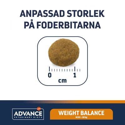 Advance Veterinary Diets Weight Balance Mini <10 kg. Anpassad storlek på foderbitarna, bild på foderbit med måttskala 0–1 cm.