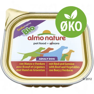 almo nature pet food + amore Daily menu Bio ADULT DOG, mit Rind und Gemüse, ØKO-mærke synligt på emballagen