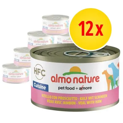 12x Almo Nature HFC Cuisine pet food + amore, kalv med skinka. Text på burk: VITELLO CON PROSCIUTTO, KALF MIT SCHINKEN, VEAU AVEC JAMBON, VEAL WITH HAM.
