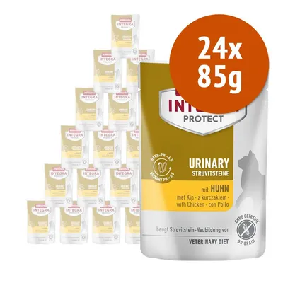 Animonda Integra Protect Urinary Struvitsteine con pollo, confezione da 24 buste da 85 g. Testo visibile: 'Urinary pH 4,5–5,5', 'Ohne Getreide/No grain', 'Veterinary Diet'. Animonda Integra Protect Urinary Struvitsteine con pollo, confezione da 24 buste da 85 g. Testo visibile: 'Urinary pH 4,5–5,5', 'Ohne Getreide/No grain', 'Veterinary Diet'.
