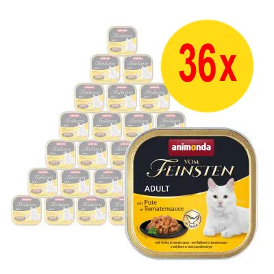 36x Animonda Vom Feinsten Adult kattmat, synlig text: mit Pute in Tomatensauce. Bild på vit katt och skål med mat på förpackningen. 36x Animonda Vom Feinsten Adult kattmat, synlig text: mit Pute in Tomatensauce. Bild på vit katt och skål med mat på förpackningen.