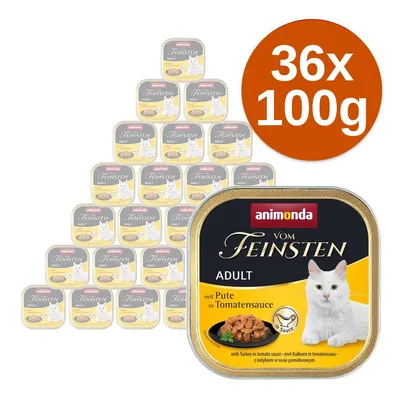 animonda Vom Feinsten Adult mit Pute in Tomatensauce, 36 x 100 g. Opakowanie pokazuje białego kota i kawałki karmy w sosie pomidorowym.