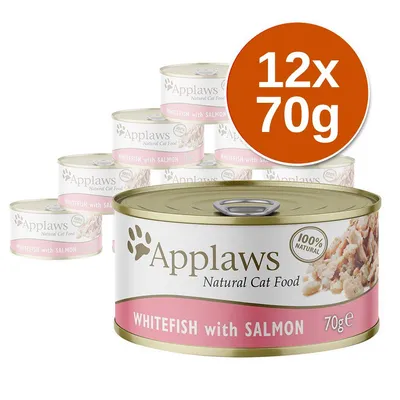 Applaws Natural Cat Food WHITEFISH with SALMON, 12 puszek po 70 g, 100% natural. Widoczne opakowania produktu.