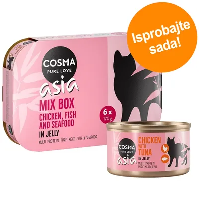 Cosma Pure Love Asia Mix Box, 6 x 170 g, piletina, riba i plodovi mora u želeu. Limenka: Chicken with Tuna in Jelly. Narančasti krug s tekstom: Isprobajte sada!