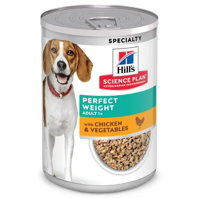 Hill's Science Plan Perfect Weight Adult 1+ hondenvoer, specialty, met kip en groenten. Afbeelding van een hond en voer zichtbaar op het blik.