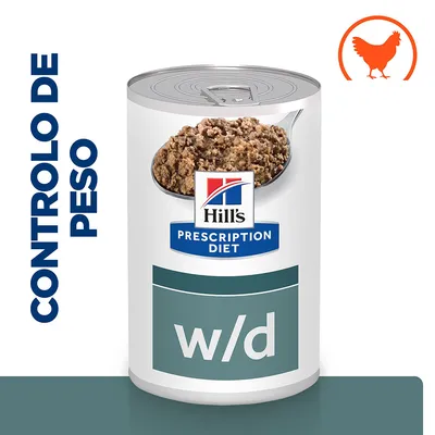 Hill's Prescription Diet w/d, lata de comida húmida com rótulo 'Controlo de peso' e símbolo de frango. Texto visível: Hill's Prescription Diet, w/d, Controlo de peso.