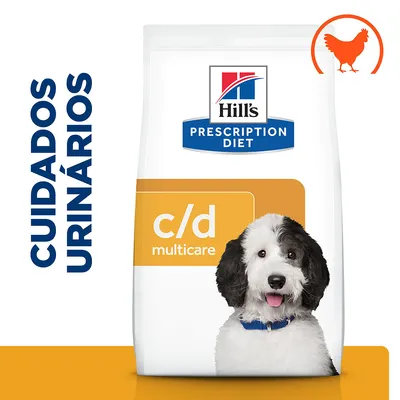 Hill's Prescription Diet c/d Multicare para cães, cuidados urinários. Saco com imagem de cão e ícone de frango no canto superior direito.