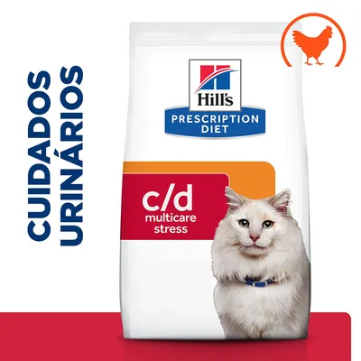 Embalagem de Hill's Prescription Diet c/d multicare stress para gatos, com texto 'CUIDADOS URINÁRIOS' e ícone de frango visível no canto superior direito.