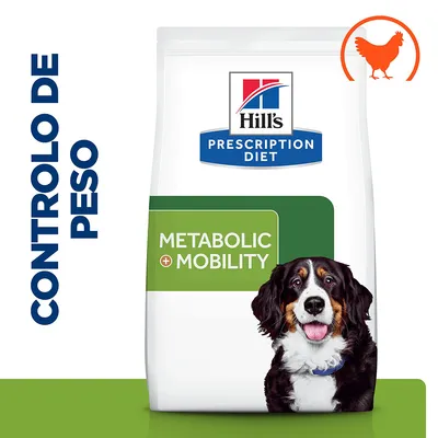 Hill's Prescription Diet Metabolic + Mobility, controlo de peso, embalagem com imagem de cão e ícone de frango. Texto visível: METABOLIC + MOBILITY, CONTROLO DE PESO.