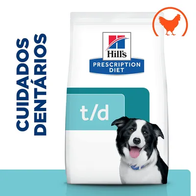 Hill's Prescription Diet t/d para cães, cuidados dentários. Saco com imagem de cão e ícone de frango. Texto visível: CUIDADOS DENTÁRIOS. Hill's Prescription Diet t/d para cães, cuidados dentários. Saco com imagem de cão e ícone de frango. Texto visível: CUIDADOS DENTÁRIOS.