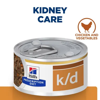 Hill's Prescription Diet k/d konzerv, Kidney Care felirattal, csirke és zöldségek. A dobozon Hill's logó és k/d jelzés látható.