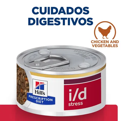 Lata de Hill's Prescription Diet i/d Stress, cuidados digestivos. Texto visível: 'CHICKEN AND VEGETABLES'. Rótulo com logótipo Hill's e imagem do alimento. Lata de Hill's Prescription Diet i/d Stress, cuidados digestivos. Texto visível: 'CHICKEN AND VEGETABLES'. Rótulo com logótipo Hill's e imagem do alimento.