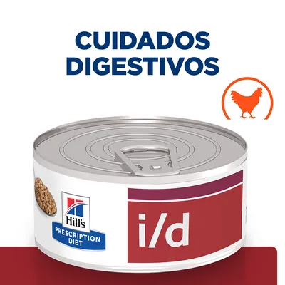 Hill's Prescription Diet i/d, lata com rótulo vermelho. Texto visível: 'CUIDADOS DIGESTIVOS'. Ícone de galinha laranja no canto superior direito.