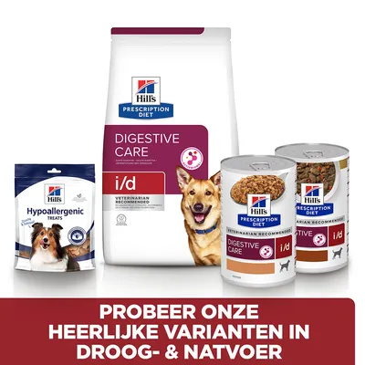 Hill's Prescription Diet Digestive Care i/d droog- en natvoer, Hypoallergenic Treats voor honden. Tekst: Probeer onze heerlijke varianten in droog- & natvoer.