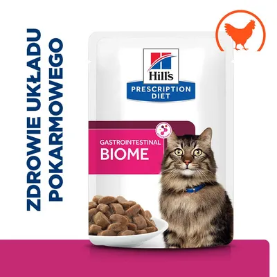 Hill's Prescription Diet Gastrointestinal Biome dla kotów, zdrowie układu pokarmowego, widoczny obraz kurczaka i miska z karmą.