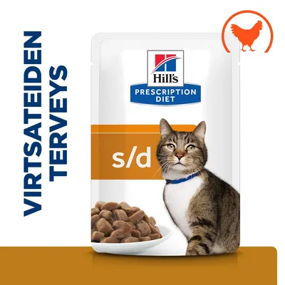 Hill's Prescription Diet s/d -kissanruokapakkaus, teksti 'Virtsateiden terveys', kanan siluetti, kuva kissasta ja annosruoasta.
