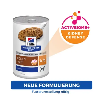 Hill's Prescription Diet Kidney Care k/d Original ActivBiome+ Kidney Defense-szel. Új összetétel, etetésváltás szükséges.