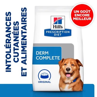 Sac Hill's Prescription Diet Derm Complete Original. Texte visible : intolérances cutanées et alimentaires, un goût encore meilleur. Sac Hill's Prescription Diet Derm Complete Original. Texte visible : intolérances cutanées et alimentaires, un goût encore meilleur.