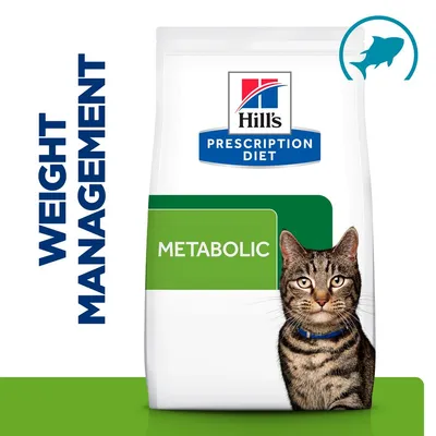Hill's Prescription Diet Metabolic, изображение на котка, текст: WEIGHT MANAGEMENT. Опаковка суха храна за котки. Hill's Prescription Diet Metabolic, изображение на котка, текст: WEIGHT MANAGEMENT. Опаковка суха храна за котки.