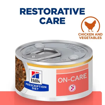 Canned food labelled Prescription Diet ON-CARE, restorative care with chicken and vegetables, showing product contents and key features.