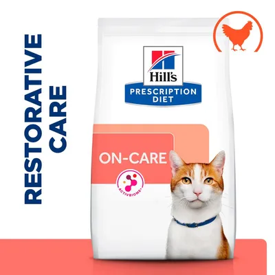 Hill's Prescription Diet ON-CARE restorative care pet food with ActivBiome and chicken icon shown on packaging. Hill's Prescription Diet ON-CARE restorative care pet food with ActivBiome and chicken icon shown on packaging.