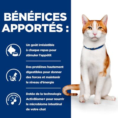 Bénéfices apportés : goût irrésistible, protéines hautement digestibles, technologie ActivBiome+ pour nourrir le microbiome intestinal du chat. Texte en français (fr_BE).