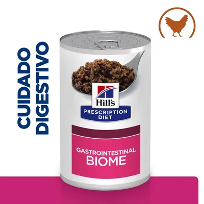 Lata de Hill's Prescription Diet Gastrointestinal Biome, texto visible: CUIDADO DIGESTIVO. Imagen de comida húmeda y símbolo de pollo en la esquina superior derecha.
