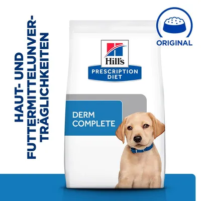Hill's Prescription Diet Derm Complete. Spezialfutter für Haut- und Futtermittelunverträglichkeiten. Original-Logo mit Futterschale sichtbar.