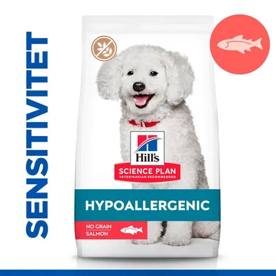 Hill's Science Plan HYPOALLERGENIC hundefoder, NO GRAIN SALMON, billede af hvid hund på posen, tekst: SENSITIVITET. Kornfri-symbol og fiskesymbol synlige. Hill's Science Plan HYPOALLERGENIC hundefoder, NO GRAIN SALMON, billede af hvid hund på posen, tekst: SENSITIVITET. Kornfri-symbol og fiskesymbol synlige.